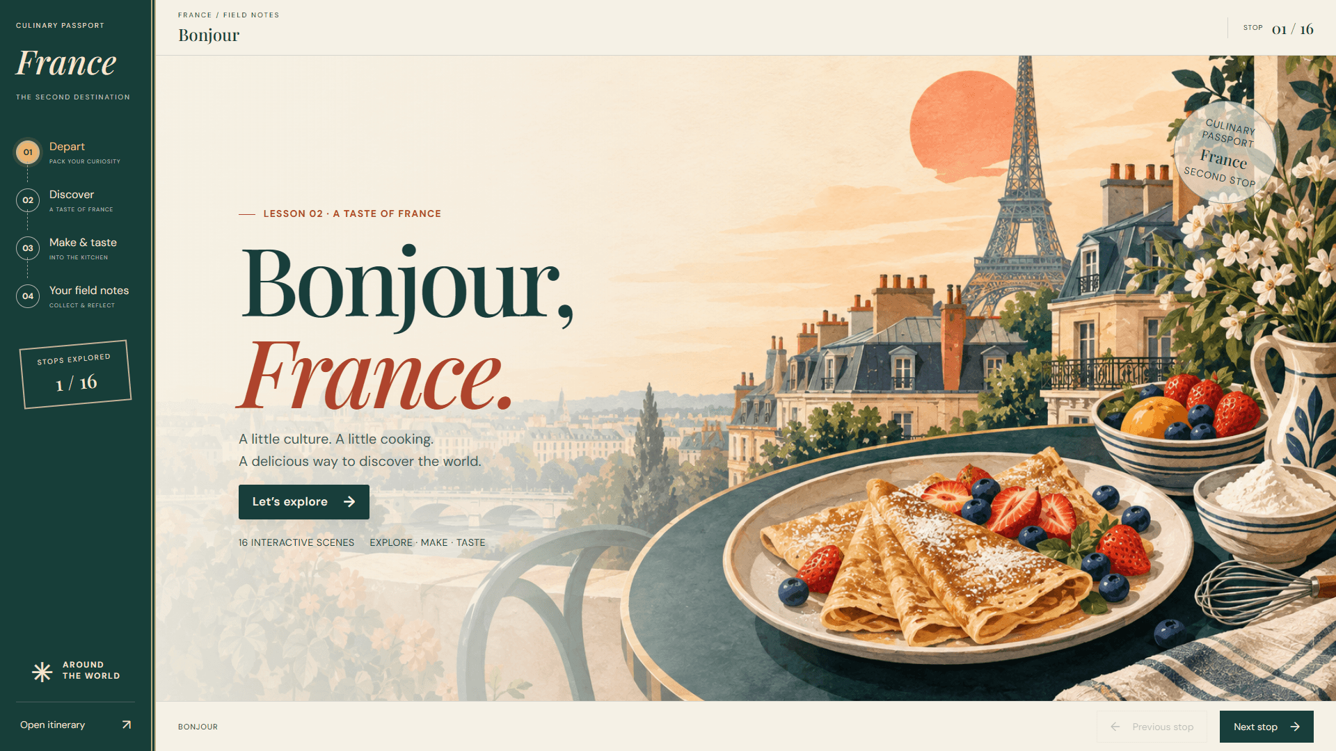 Opening screen: Bonjour, France, under Lesson 02 · A taste of France, with a Let's explore button, beside an illustrated Paris café table of crêpes, strawberries, and blueberries. The player reads stop 01 of 16.