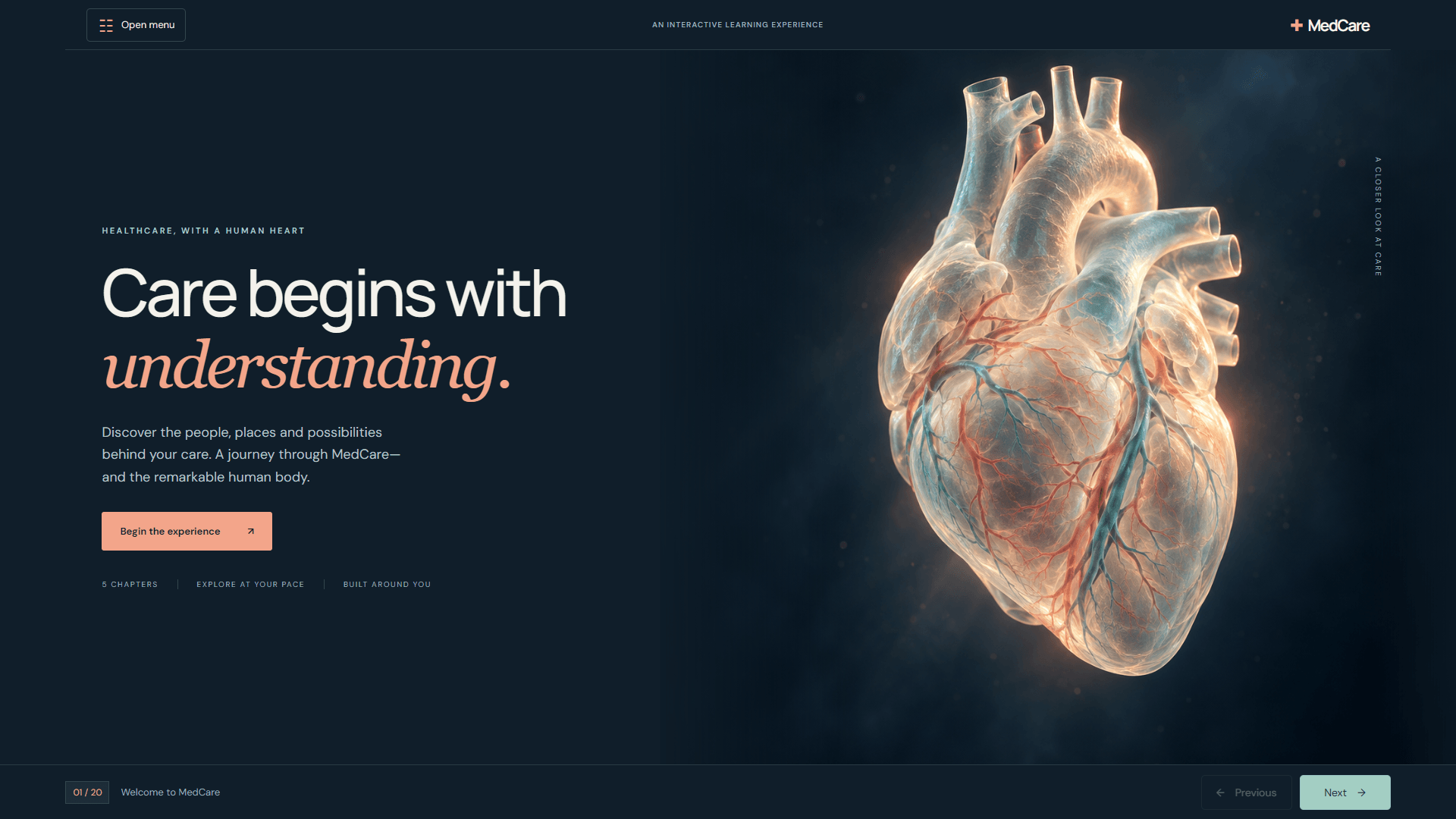 Opening screen: Care begins with understanding, under Healthcare, with a human heart, with a Begin the experience button, beside a glass heart sculpture. The player reads 01 of 20, and the footer lists 5 chapters.
