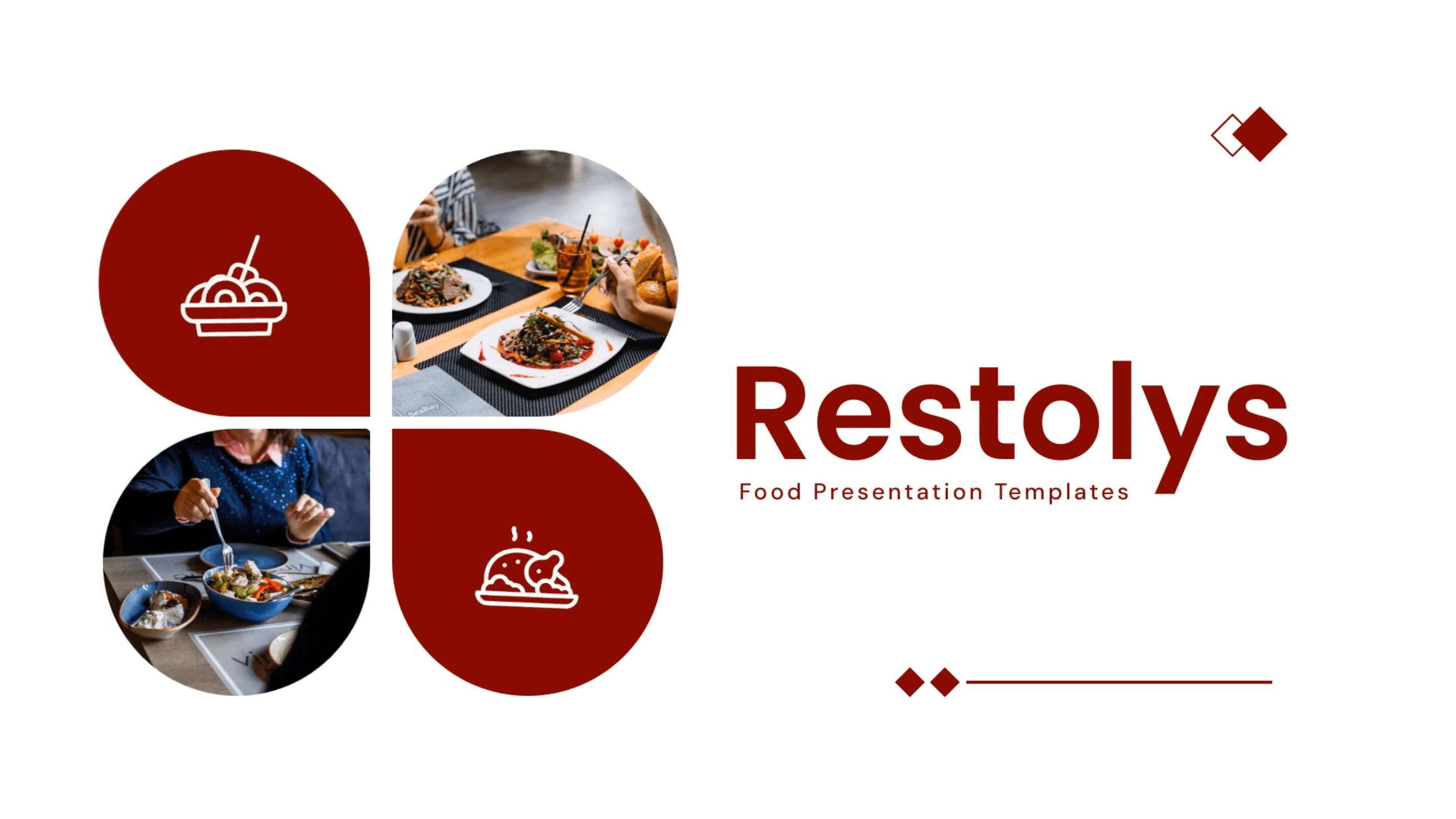 Title card: Restolys — Food Presentation Templates, set beside a four-part petal collage of plated dishes and diners in deep red.