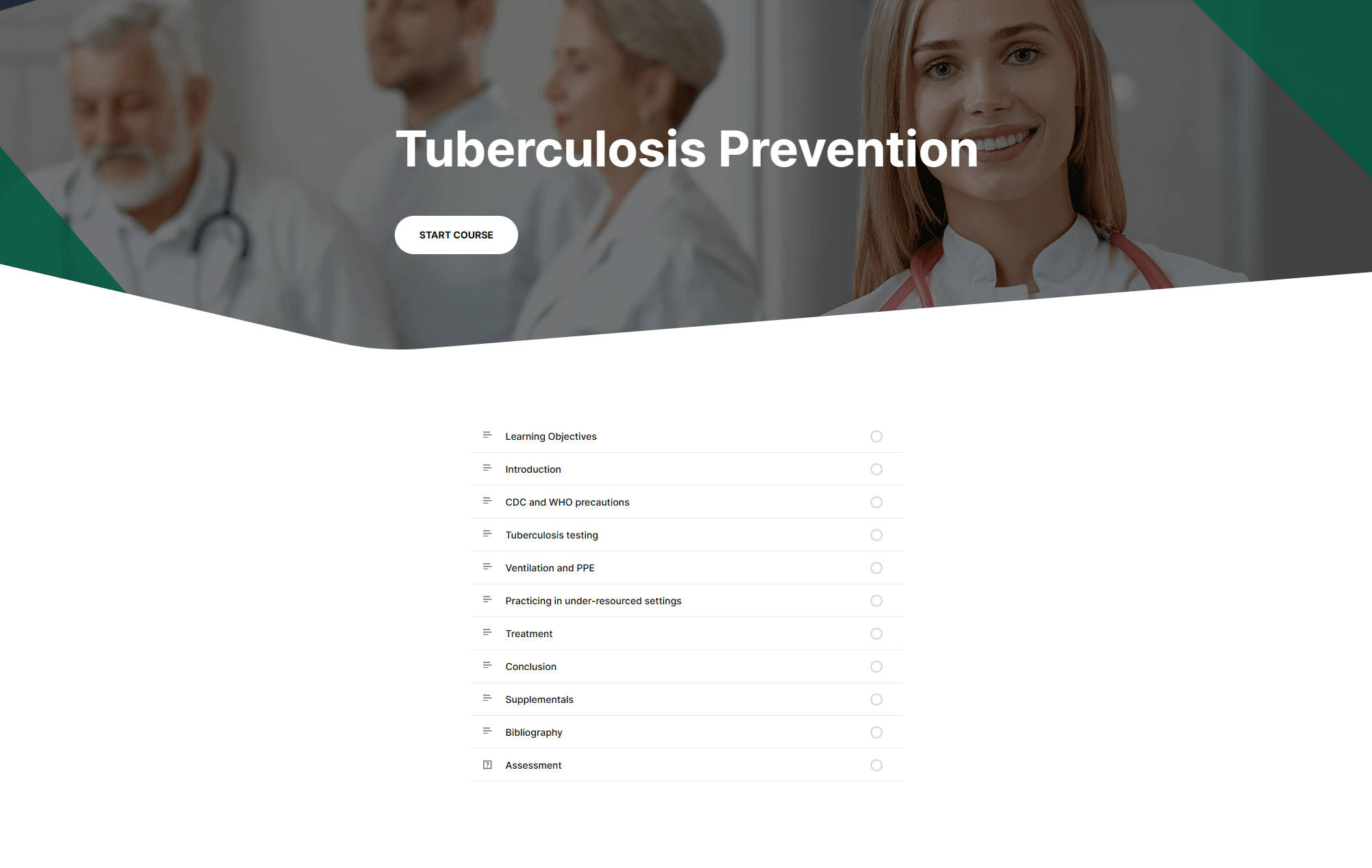 Course home for Tuberculosis Prevention over a photograph of clinicians in a hospital corridor, with a Start course button and the eleven lessons listed below — from learning objectives and CDC and WHO precautions through to bibliography and assessment.
